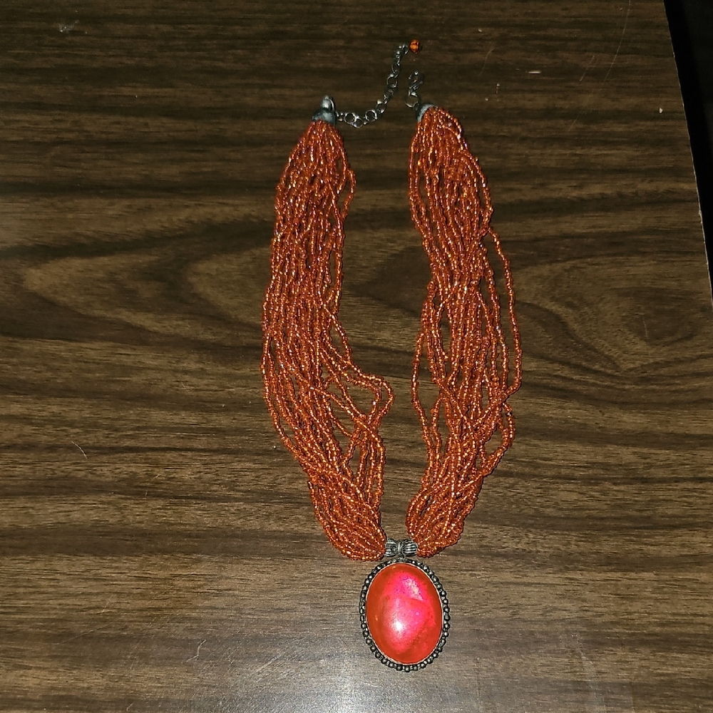 Vintage Vibrant Orange Beaded Necklace With Pendant Women Accessories 80s
